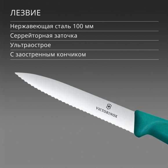 Нож кухонный Victorinox Swiss Classic (6.7734.C1) для чистки овощей и фруктов лезв.100мм серрейт. заточка зеленый