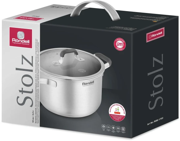 Кастрюля Rondell Stolz RDS-1752 2.3л. d=18см (с крышкой) стальной Кастрюля Rondell Stolz RDS-1752 2.3л. d=18см (с крышкой) стальной