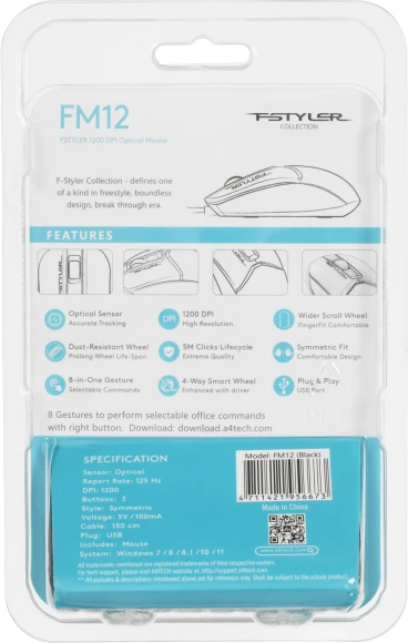 Мышь A4Tech Fstyler FM12 черный оптическая 1200dpi USB 3but (FM12 BLACK)