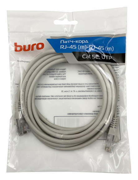 Патч-корд Buro UTP-5E-3M-G UTP 4 пары cat.5E CCA molded 3м серый RJ-45 (m)-RJ-45 (m)