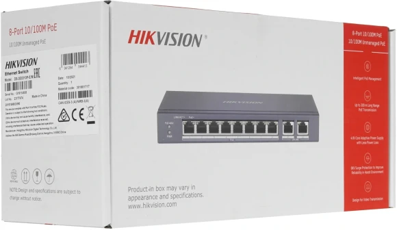 Коммутатор Hikvision DS-3E0310P-E/M(B) 8x100Мбит/с 1x1Гбит/с 8PoE+ 60W неуправляемый