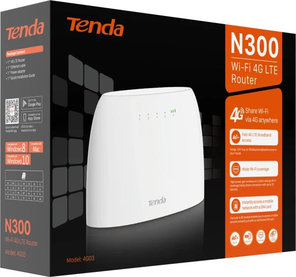 Роутер беспроводной Tenda 4G03 N300 10/100BASE-TX/4G cat. 4 белый