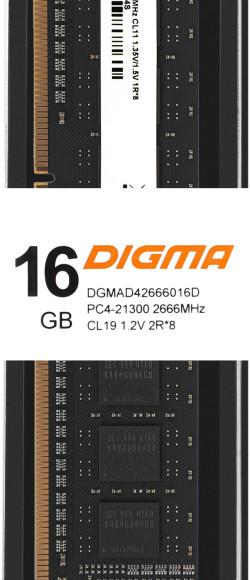 Память DDR4 16Gb 2666MHz Digma DGMAD42666016D RTL PC4-21300 CL19 DIMM 288-pin 1.2В dual rank Ret