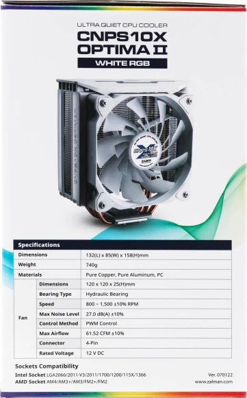 Устройство охлаждения(кулер) Zalman CNPS10X Optima II RGB Soc-AM5/AM4/1200/1700/1851 белый/белый 4-pin 17-27dB Al+Cu 180W 740gr Ret (CNPS10X OPTIMA II WHITE RGB) Устройство охлаждения(кулер) Zalman CNPS10X Optima II RGB Soc-AM5/AM4/1200/1700/1851 белый/белый 4-pin 17-27dB Al+Cu 180W 740gr Ret (CNPS10X OPTIMA II WHITE RGB)
