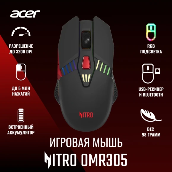 Мышь Acer Nitro OMR305 черный оптическая 3200dpi беспров. BT/Radio USB 6but (ZL.MCECC.020) Мышь Acer Nitro OMR305 черный оптическая 3200dpi беспров. BT/Radio USB 6but (ZL.MCECC.020)