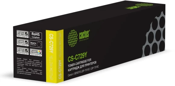 Картридж лазерный Cactus CS-C729Y 729 Y желтый (1000стр.) для Canon i-SENSYS LBP-7010C/ LBP-7018C