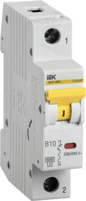 Выключатель автоматический IEK BA47-60M MVA31-1-010-B 10A тип B 6kA 1П 230/400В 1мод белый (упак.:1шт) Выключатель автоматический IEK BA47-60M MVA31-1-010-B 10A тип B 6kA 1П 230/400В 1мод белый (упак.:1шт)