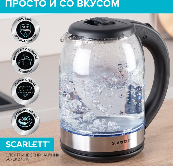 Чайник электрический Scarlett SC-EK27G10 1.7л. 1800Вт прозрачный/черный корпус: стекло/пластик