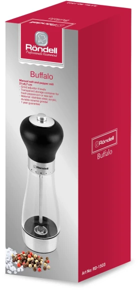 Мельница для перца/соли Rondell Buffalo RD-1503 стальной/черный упак.:подарочная коробка Мельница для перца/соли Rondell Buffalo RD-1503 стальной/черный упак.:подарочная коробка