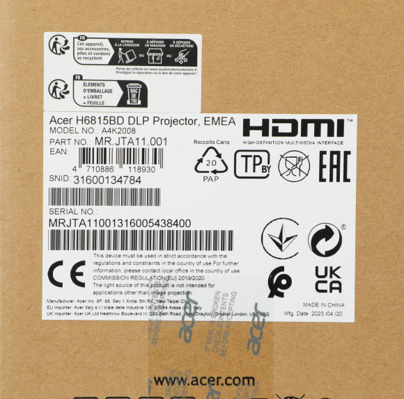 Проектор Acer H6815BD DLP 4000Lm LS (3840x2160) 10000:1 ресурс лампы:5000часов 2xHDMI 2.88кг Проектор Acer H6815BD DLP 4000Lm LS (3840x2160) 10000:1 ресурс лампы:5000часов 2xHDMI 2.88кг