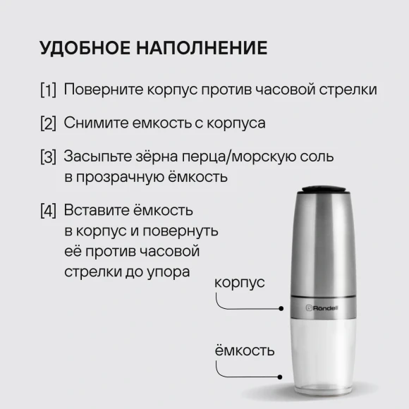 Мельница для перца/соли Rondell Loft Professional RD-1508 стальной упак.:подарочная коробка