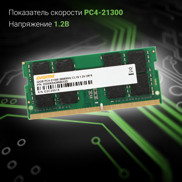 Память DDR4 32Gb 2666MHz Digma DGMAS42666032D RTL PC4-21300 CL19 SO-DIMM 260-pin 1.2В dual rank Ret Память DDR4 32Gb 2666MHz Digma DGMAS42666032D RTL PC4-21300 CL19 SO-DIMM 260-pin 1.2В dual rank Ret