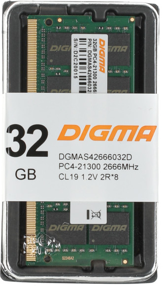 Память DDR4 32Gb 2666MHz Digma DGMAS42666032D RTL PC4-21300 CL19 SO-DIMM 260-pin 1.2В dual rank Ret Память DDR4 32Gb 2666MHz Digma DGMAS42666032D RTL PC4-21300 CL19 SO-DIMM 260-pin 1.2В dual rank Ret