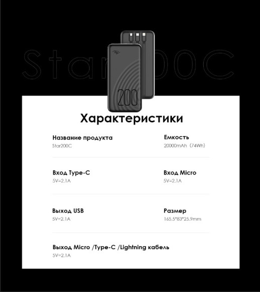 Мобильный аккумулятор Itel Star 200C 20000mAh QC3.0/PD3.0/PE2.0 2.1A USB-A/USB-C черный Мобильный аккумулятор Itel Star 200C 20000mAh QC3.0/PD3.0/PE2.0 2.1A USB-A/USB-C черный