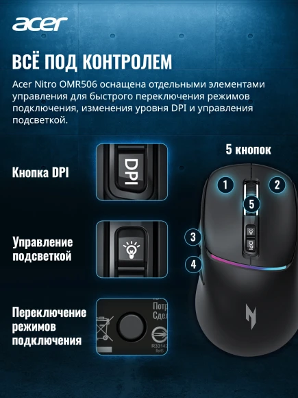 Мышь Acer Nitro OMR506 черный оптическая 12800dpi беспров. BT/Radio USB 5but (ZL.MCE11.01W)