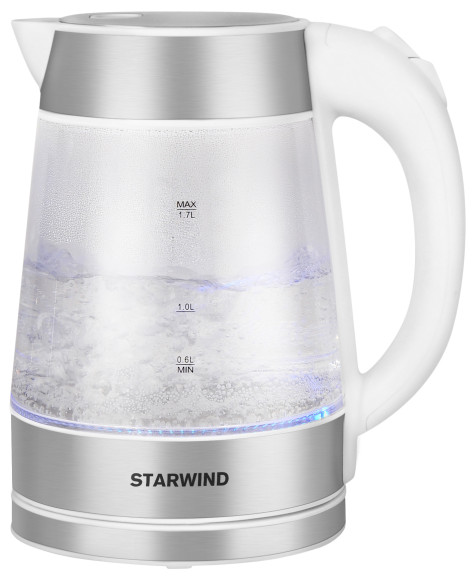Чайник электрический Starwind SKG2011 1.7л. 2200Вт белый/серебристый корпус: стекло/металл/пластик