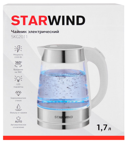 Чайник электрический Starwind SKG2011 1.7л. 2200Вт белый/серебристый корпус: стекло/металл/пластик