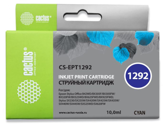 Картридж струйный Cactus CS-EPT1292 T1292 голубой (10мл) для Epson B42/BX305/BX305F/BX320/BX525/BX625/SX420/SX425/SX525/SX621 с чипом
