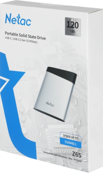 Накопитель SSD Netac USB-C 120GB NT01Z6S-120G-32SL Z6S 2.5" серебристый