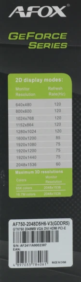 Видеокарта Afox PCI-E 3.0 AF750-2048D5H6-V3 NVIDIA GeForce GTX 750 2Gb 128bit GDDR5 1020/5000 DVIx1 HDMIx1 CRTx1 HDCP oem