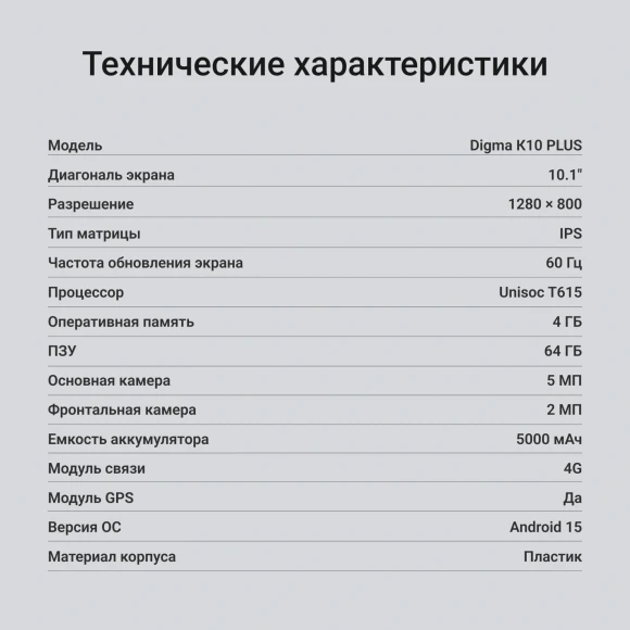 Планшет Digma K10 PLUS T615 (1.6) 8C RAM4Gb ROM64Gb 10.1" IPS 1280x800 4G Android 15 серый 5Mpix 2Mpix BT WiFi microSD 256Gb 5000mAh 225hrs