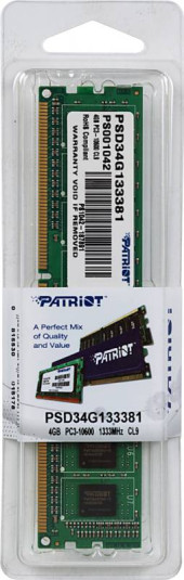 Память DDR3 4Gb 1333MHz Patriot PSD34G133381 RTL PC3-10600 CL9 DIMM 240-pin 1.5В single rank Ret Память DDR3 4Gb 1333MHz Patriot PSD34G133381 RTL PC3-10600 CL9 DIMM 240-pin 1.5В single rank Ret