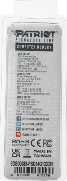 Память DDR3 4Gb 1333MHz Patriot PSD34G133381 RTL PC3-10600 CL9 DIMM 240-pin 1.5В single rank Ret