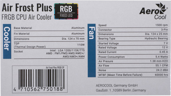 Устройство охлаждения(кулер) Aerocool Air Frost Plus RGB Soc-AM5/AM4/1200/1700/1851 черный 3-pin 24dB Al 110W 360gr Ret (AIR FROST PLUS FRGB 3P)