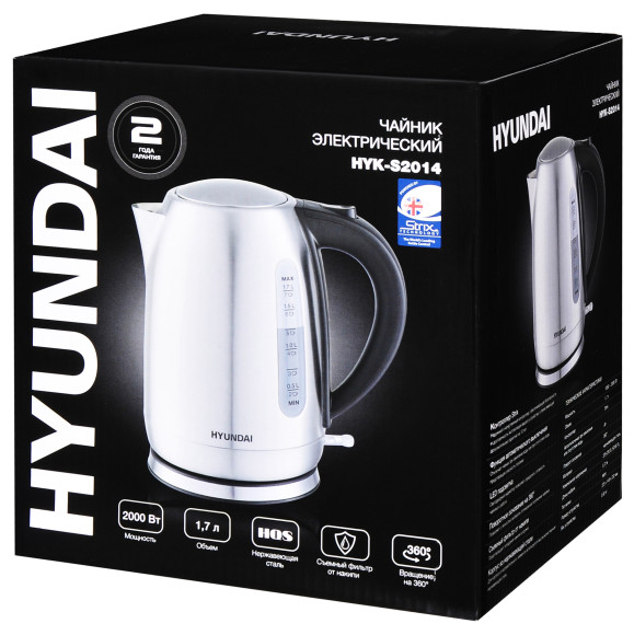 Чайник электрический Hyundai HYK-S2014 1.7л. 2000Вт серебристый/черный корпус: металл