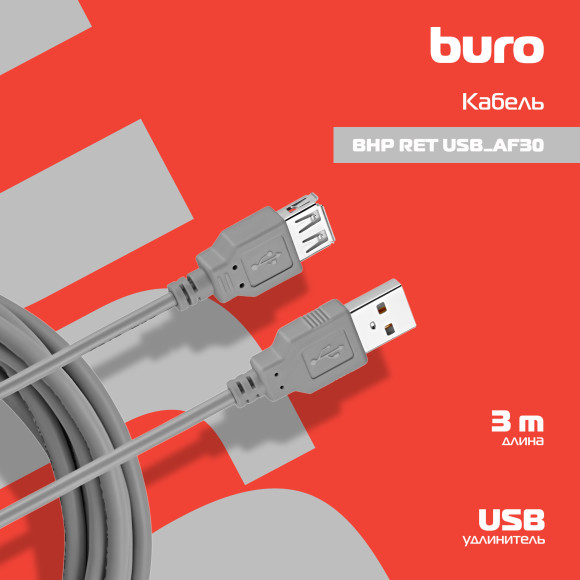 Кабель Buro USB A(m) USB A(f) 3м (BHP RET USB_AF30) серый блистер