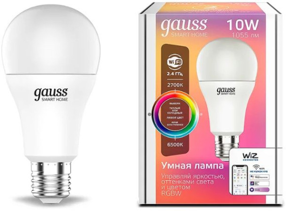 Умная лампа Gauss IoT Smart Home E27 10Вт 1055lm Wi-Fi (упак.:1шт) (1180112) Умная лампа Gauss IoT Smart Home E27 10Вт 1055lm Wi-Fi (упак.:1шт) (1180112)