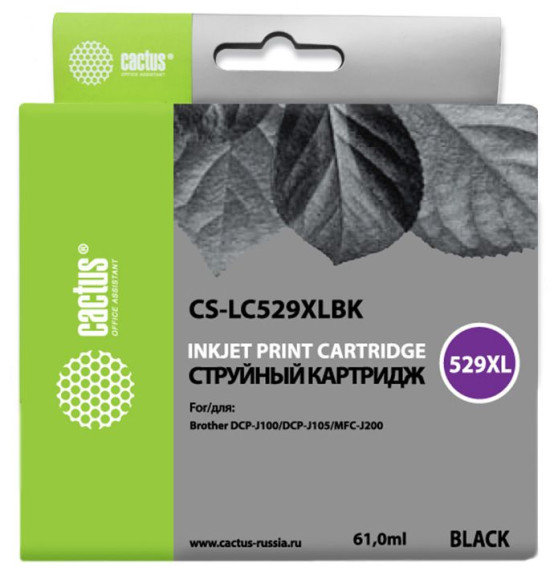 Картридж струйный Cactus CS-LC529XLBK черный (61мл) для Brother DCP-J100/J105/J200 с чипом