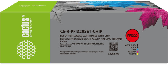 Картридж перезаправляемый струйный Cactus CS-R-PFI320SET-CHIP черный/черный матовый/голубой/желтый/пурпурный набор 5шт.упак. для Canon imagePROGRAF TM-200/200MFP/205/300/300MFP/305/250/255/350/355 с чипом