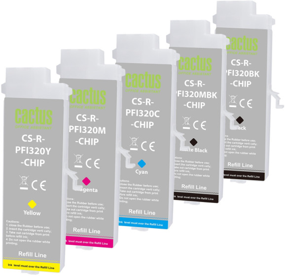 Картридж перезаправляемый струйный Cactus CS-R-PFI320SET-CHIP черный/черный матовый/голубой/желтый/пурпурный набор 5шт.упак. для Canon imagePROGRAF TM-200/200MFP/205/300/300MFP/305/250/255/350/355 с чипом