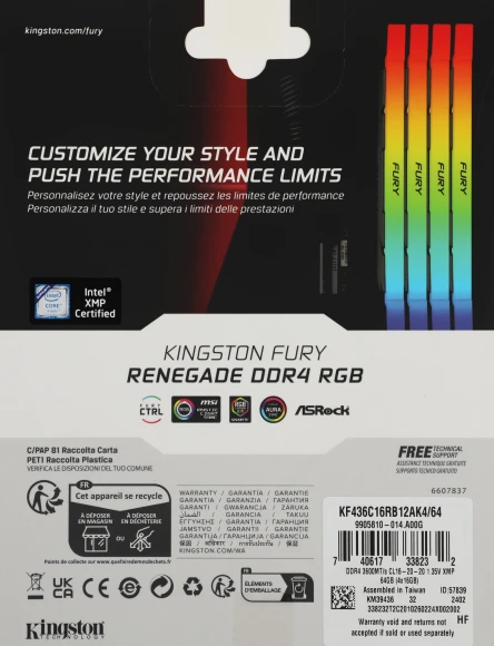 Память DDR4 4x16GB 3600MHz Kingston KF436C16RB12AK4/64 Fury Renegade RGB RTL Gaming PC4-28800 CL16 DIMM 288-pin 1.35В kit dual rank с радиатором Ret