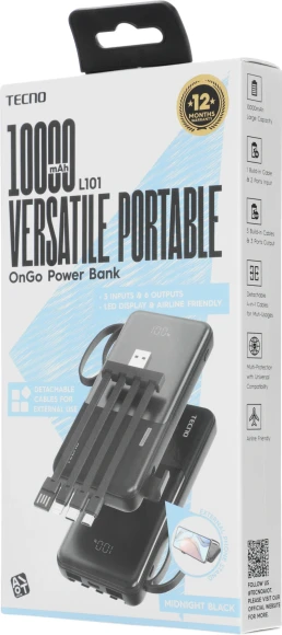 Мобильный аккумулятор Tecno OnGO L101 10000mAh 12W 2.4A 2xUSB-A/USB-C черный Мобильный аккумулятор Tecno OnGO L101 10000mAh 12W 2.4A 2xUSB-A/USB-C черный
