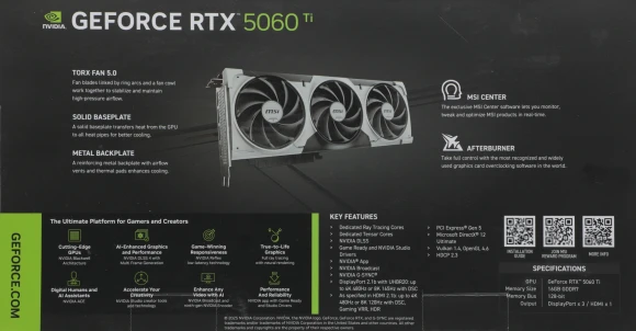 Видеокарта MSI PCI-E 5.0 RTX 5060 TI 16G VENTUS 3X OC NVIDIA GeForce RTX 5060TI 16Gb 128bit GDDR7 2602/28000 HDMIx1 DPx3 HDCP Ret Видеокарта MSI PCI-E 5.0 RTX 5060 TI 16G VENTUS 3X OC NVIDIA GeForce RTX 5060TI 16Gb 128bit GDDR7 2602/28000 HDMIx1 DPx3 HDCP Ret