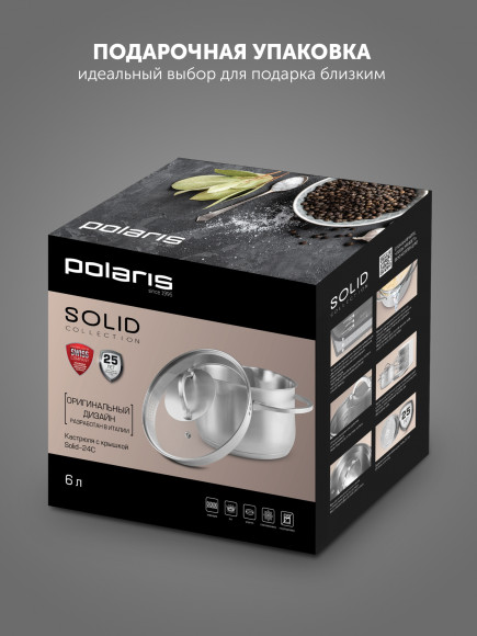 Кастрюля Polaris Solid-24C 6л. d=24см (с крышкой) серебристый (15135) Кастрюля Polaris Solid-24C 6л. d=24см (с крышкой) серебристый (15135)