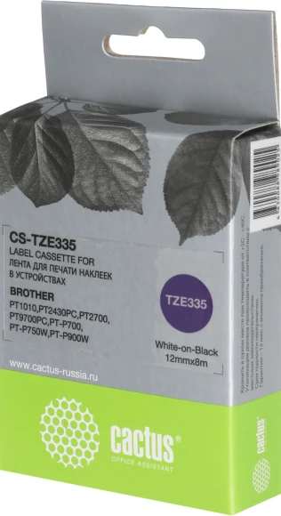 Картридж ленточный Cactus CS-TZE335 TZe-335 белый на черном 12x8 для Brother 1010/1280/1280VP/2700VP