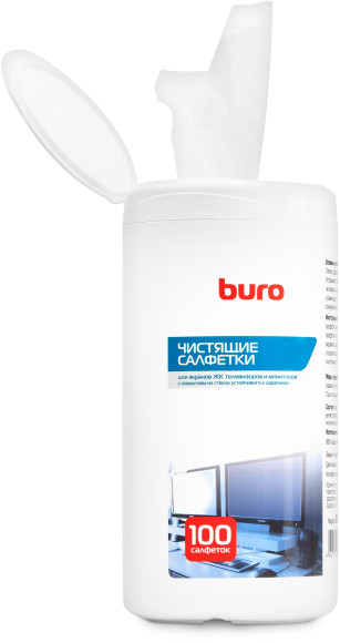 Салфетки Buro BU-Tscrl для экранов ЭЛТ мониторов/плазменных/ЖК телевизоров/мониторов с покрытием из стекла туба 100шт влажных