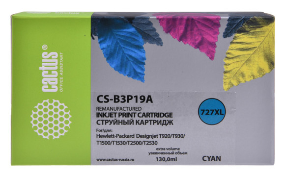 Картридж струйный Cactus CS-B3P19A №727 голубой (130мл) для HP DJ T920/T1500 с чипом