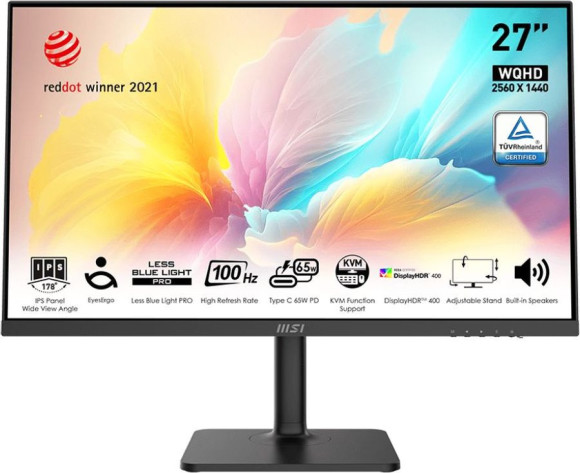 Монитор MSI 27" Modern MD272QXP черный IPS LED 1ms 16:9 HDMI M/M матовая HAS Piv 400cd 178гр/178гр 2560x1440 100Hz DP WQ USB 5.85кг