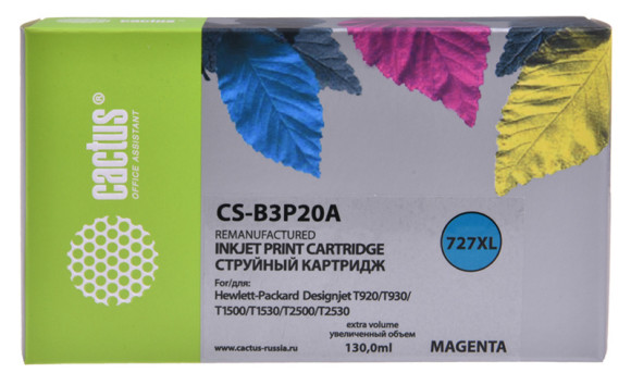 Картридж струйный Cactus CS-B3P20A №727 пурпурный (130мл) для HP DJ T920/T1500/T2530 с чипом