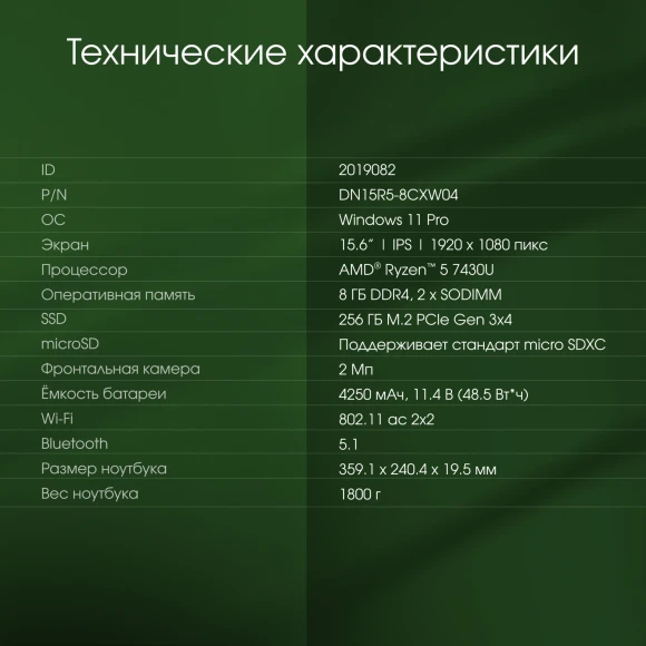 Ноутбук Digma Pro Fortis M Ryzen 5 7430U 8Gb SSD256Gb AMD Radeon Graphics 15.6" IPS FHD (1920x1080) Windows 11 Pro grey WiFi BT Cam 4250mAh (DN15R5-8CXW04)