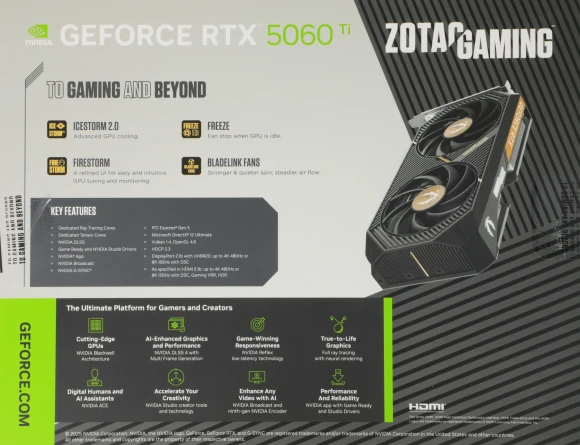 Видеокарта Zotac PCI-E 5.0 RTX 5060TI 8GB AMP NVIDIA GeForce RTX 5060TI 8Gb 128bit GDDR7 2632/28000 HDMIx1 DPx3 HDCP Ret