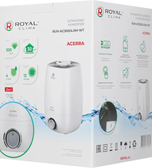 Увлажнитель воздуха Royal Clima RUH-AC300/4.0M-WT 25Вт (ультразвуковой) белый/серый