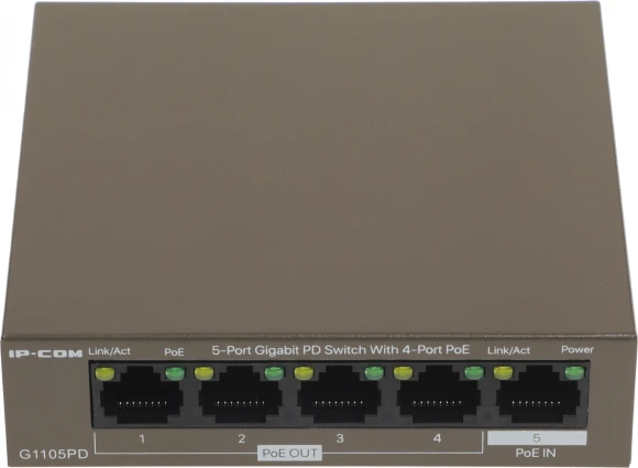 Коммутатор IP-Com G1105PD (L2) 5x1Гбит/с 4PoE 30W неуправляемый Коммутатор IP-Com G1105PD (L2) 5x1Гбит/с 4PoE 30W неуправляемый