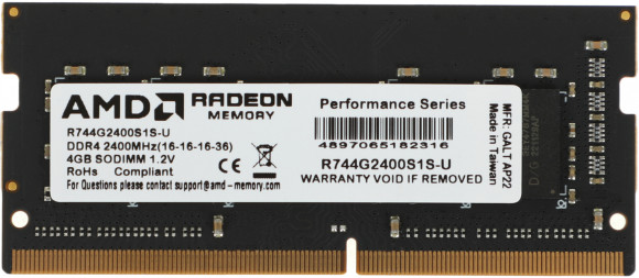 Память DDR4 4Gb 2400MHz AMD R744G2400S1S-U Radeon R7 Performance Series RTL PC4-19200 CL16 SO-DIMM 260-pin 1.2В Ret