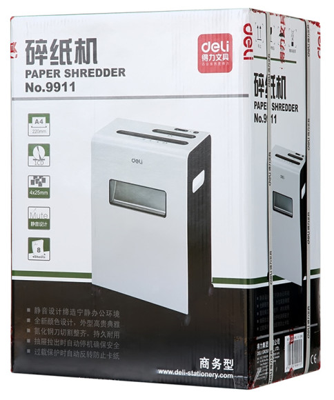Шредер Deli E9911-EU белый (секр.P-4) фрагменты 8лист. 16лтр. скрепки скобы пл.карты CD Шредер Deli E9911-EU белый (секр.P-4) фрагменты 8лист. 16лтр. скрепки скобы пл.карты CD