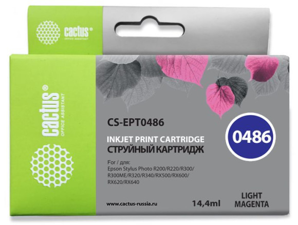 Картридж струйный Cactus CS-EPT0486 T0486 светло-пурпурный (14.4мл) для Epson Stylus Photo R200/R220/R300/R320/R340/RX500/RX600/RX620/RX640 с чипом